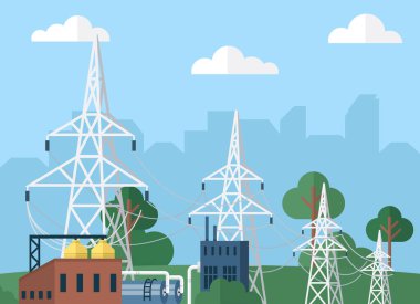 Yüksek voltajlı elektrik dağıtım ızgaraları. Elektrik kabloları doğanın arka planında. Enerji arzı sağlayan elektrik iletim transformatör ağının düz vektör illüstrasyonu