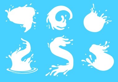 Su ve meyve suyu sıvılaşır. Vektör İllüstrasyonu. Dökülen bir şekil, kaosun öngörülemez güzelliği sütün sıçraması, ani bir neşe patlaması taze su sıçraması, renkli bir manzara.