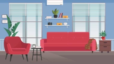 İç dizayn oturma odası. Normal evdeki mobilyalarda insan yok. Bitkiler, sandalye, duvardaki raf ve iç unsurlar. Koltuk kırmızı kumaş. Mavi duvarda çerçeveli resimlerle kitaplık asılıyor