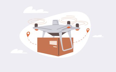 Helikopter ve kargo paketiyle teslimat servisi. Uçan helikopterle mal taşımacılığı. Gelecek teknolojileri çevrimiçi kutu teslimatı. Helikopter, kutulu kuadkopter, akıllı şehir lojistiği.