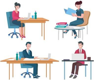 Ofis çalışanları. Vektör çizimi. Takım çalışması verimliliği artırır ve takım buluşmasında yeniliği teşvik eder, fikirler beyin fırtınası yapar ve ortak kararlar alınır ofis çalışanları her birini destekler.