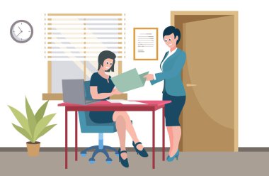 Ofis çalışanları. Vektör çizimi. Bir iş adamı müşterileri ve ortaklarıyla güçlü ilişkiler kurar. Ofis işyeri açık iletişimi teşvik eder ve fikir paylaşımı takım çalışmasını geliştirir.