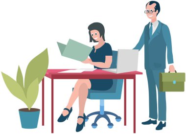 Ofis çalışanları. Vektör çizimi. Takım çalışması, takım toplantısında sinerji ve ortak hedeflere ulaşılmasını teşvik eder, zorluklar ele alınır ve çözümler önerilen ofis çalışanları değişime uyum sağlarlar