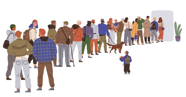 Big queue. Many multitude people. Vector illustration. The crowd was orderly, with everyone queuing in organized manner As queue moved forward, crowd people shuffled along People in queue chatted