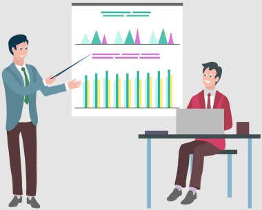Ofis çalışanları. Vektör çizimi. Bir iş adamı liderlik ve stratejik düşünce gösterir. Ofis işyeri yaratıcılığa değer verir ve iş ortamını teşvik eder. Takım çalışması güçlendirir.