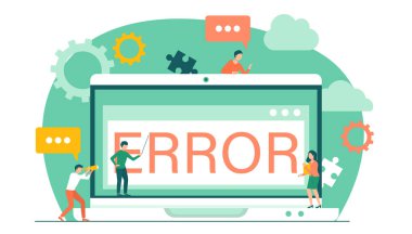 Uyarı hatası, bilgisayardaki internet arızası ekranına bakan işadamları, sayfa ulaşılamıyor. Dizüstü bilgisayarda uyarı işareti var. Teknik destek kavramı, web sitesi bakım hizmetleri, güvenlik mesajı