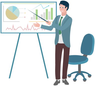 Adam ilerleme raporu vektör illüstrasyonunu sunmaya hazırlanıyor. İş adamı istatistiksel verilerle haritaların ve grafiklerin yanında duruyor. İş sonuçlarının sunumu sırasında erkek çalışan, mali istatistikler