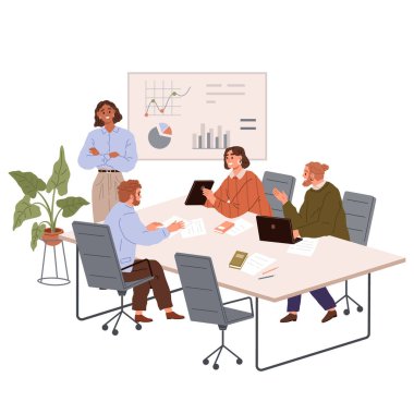 Ofis işleri. Vektör çizimi. Bir işçi inisiyatif alır ve ofis işlerinde liderlik becerilerini gösterir. Ofisteki insanlar işbirliği içinde çalışırlar, pozitif ve uyumlu çalışırlar.