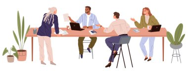 Ofis işleri. Vektör çizimi. Bir işçi, ofis işindeki becerilerini ve bilgilerini genişletmek için fırsatlar arar. Ofisteki insanlar işbirliği içinde çalışır, fikir ve uzmanlıklarını paylaşırlar.