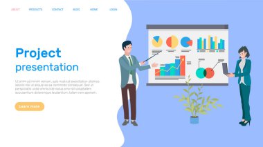 Ofis çalışanları yeni proje ya da fikir sundular. İstatistiksel ilerleme raporuyla çalışan çalışanlar. Finansal verilerle ve istatistiklerle sunum. İş web sitesi iniş sayfası şablonu veya ana sayfası