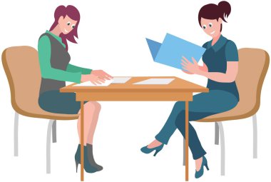 Ofis toplantısında sandalyesinde oturan kadın karakter elinde kağıt klasör, belgelerde bilgi eğitimi, ders kitabı okuyan kadınlar. Dersteki öğrenciler, konferans sekreteri, yöneticiler rapor hazırlayın.