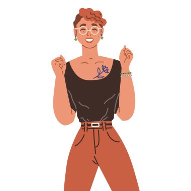 Mutlu insanlar konsepti. Vektör illüstrasyonu Mutluluk duyguları kalpleri doldurur. Mutlu vücut dili hikayeyi anlatır. Zaferdeki kadın zaferini yüksek tutar.