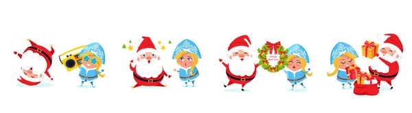 圣诞老人是圣诞节和新年的大礼物 一组具有不同情绪和情境的滑稽卡通圣诞老人 快乐的老人给了一些前置药 圣诞老人和精灵在一起你节日设计的圣诞场景 — 图库矢量图片#