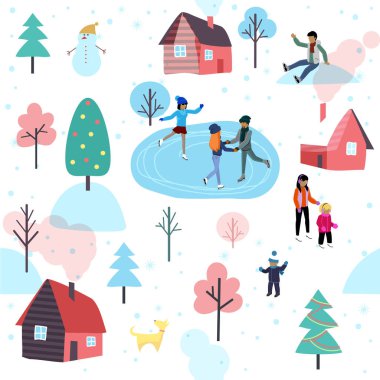 Köyün arka planında farklı insanların olduğu bir buz pateni pisti. Çocuklu bir kış tatili sahnesi, buz pateni sahasında erkek ve kadınlar, kusursuz bir düzen. Kar manzarası. Etkin karakterler buz pateni