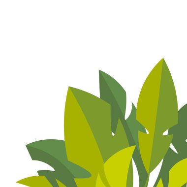 Yeşil yapraklı arka plan. Çiçeklerle süslenmiş açık yeşil yapraklar, bahar sezonu tasarımı için dekoratif fon. Pankart, eko egzotik poster, mesajınız için yer alan broşür.