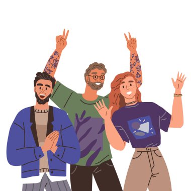 Mutlu insanlar konsepti. Vektör illüstrasyonu Mutlu insanlar aileleri ve arkadaşlarıyla vakit geçirmeye değer Erkekler ve kadınlar takımlarında mutlu olurlar İnsanlar etkinlikte veya törende hikayelerini paylaşırlar