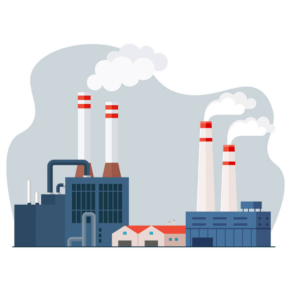 Городские здания и промышленная зона с заводом. Современный центр города с косами, жилыми домами. Красочный панорамный вид на центр города. Мегалополис городской пейзаж. Метрополис на горизонте. Городские пейзажи