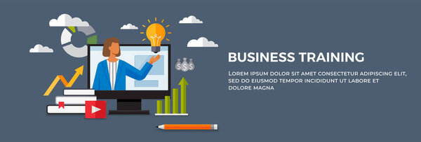 Business seminar, conference landing page template. Company personnel training, career development course concept. Business coach and lecture listeners, businesspeople at educational corporate meeting