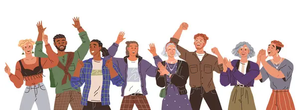 Happy people concept. Vector illustration People in victory reflect on journey that led them there Good teamwork friendship builds trust and understanding Celebrating people commemorate achievements