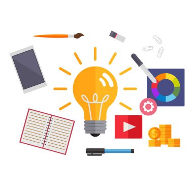 Yeni fikrin, iş çözümünün veya sorunu çözmek için yeniliğin sembolü olarak yanan ampul, bilgi veya yaratıcılığı etkinleştirmek, ampul fikri buluşunu değiştirmek. Başarılı başarılar ve tanışmalar