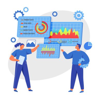 Analistler diyagramla çalışır. Bir grup İstanbul istatistik, iş planlaması, strateji ve geliştirme okuyor. Veri analiz grafikleri ve grafikleriyle sunum kurulu. Teknolojiyi kullanarak istatistiksel analiz