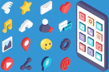 Icons for mobile devices set. Basic gadget functions. Social media, Internet signs. Phone applications and network symbols vector illustration. Custom buttons on smartphone screen, user menu