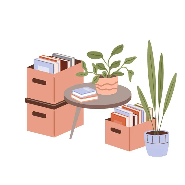 냄비에 사무용품 식물과 테이블 인테리어 개념에 디자인 상자에 일러스트 — 스톡 벡터