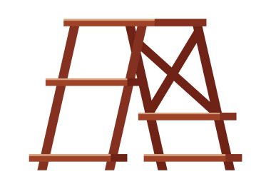 Beyaz arka planda izole edilmiş ahşap ev merdivenleri. Küçük kahverengi merdiven ve katlanan merdiven. Zirveye tırmanma amacı. Ev ya da ofis kütüphanesi araçları üzerinde duran ev içi ekipmanlar