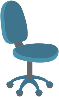 Ofis mavisi düz çizgi film tarzı rahat tekerlekli sandalye. Oturma odasının bir kısmı. Beyaz arka plandaki döşeme sandalyesinde izole edilmiş. Dinlenme ve rahatlama için yumuşak mobilyalar, ev dekorasyonu.