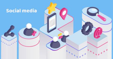 Dijital pazarlama, web analizi ve pazarlama sosyal medya konsept vektör illüstrasyonu. Çevrimiçi platform iletişim, flört, insanlar arasında sosyal ilişkiler kurmak için kullanılır, internet platformu