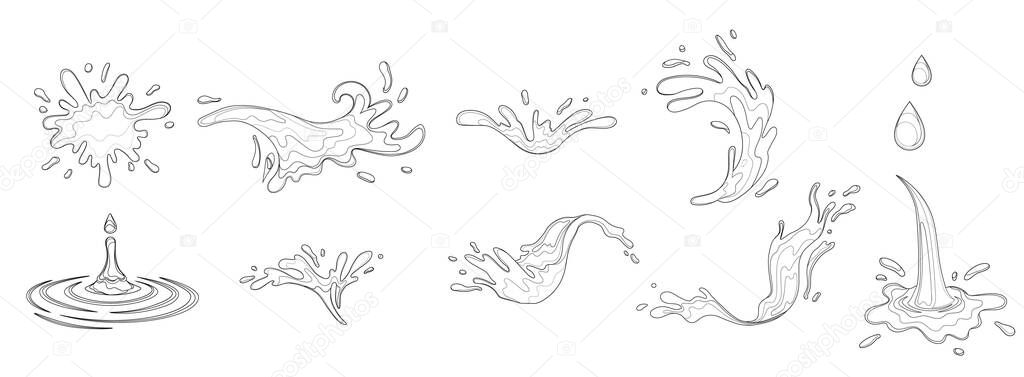 Water and juice splash liquide. Black doodle line. A spill shape, compelling composition arising from moment of disruption A water splash, dynamic display of aquatic motion Fresh juice splashed