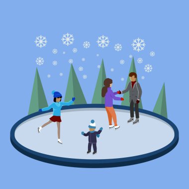 Buz pateni sahasında genç ve mutlu aile aktiviteleri. Anne baba oğul kız patenci köknar ağacı. Buz pateni pistindeki arkadaşlar yeni yıl tatilinde mutlu yıllar dilerim.