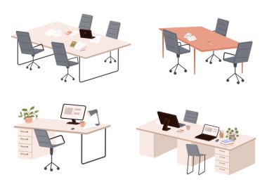 İş merkezindeki toplantı odasında. Modern konferans salonu, resmi etkinlik hazırlığı, şirket danışmanlığı veya çalışan tartışması. Takım beyin fırtınası için vektör düz çizgi film işyeri