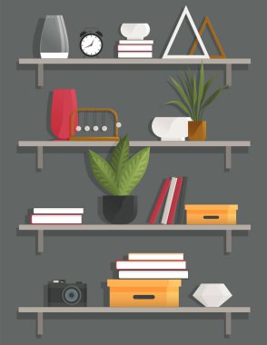 Book shelves with decor items. Cartoon design style bookshelves with plant, boxes, vase and books. Home library on wall. Hanging shelf with decorations. Office or home furniture indoor design