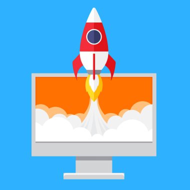 Uzay roketi laptop ekranından uçar. Başarılı bir başlangıç ve teknoloji. Açılış bilgisayarda başlatılıyor. Yeni yenilik projesi geliştirme fikri, ekranı roket gemisiyle izleyin