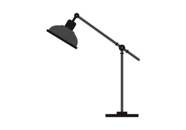 Çalışma odası ve çalışma odası için masa siyah masa lambası. İç mekan için elektrik, ofis için masa lambası. Vektör aydınlatma illüstrasyonu, spot ışığı beyaz arkaplanda izole