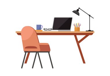 Modern boş ofis çalışma yerinin tasarımı. Ön görüş masası, sandalye, bilgisayar, ev ofisi. Ortak çalışma alanı iç mekan. Çalışanların işyeri, açık ofis. Monitör izole edilmiş çalışma tablosu