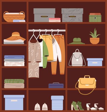 Kıyafet bakımı. Vektör çizimi. Kıyafetler giyip vücudunu pohpohlamalısın. Temiz kıyafetler hijyen için gereklidir. Yaptığımız her küçük şey sürdürülebilir moda hakkında farkındalık yaratabilir.