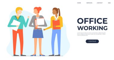 Ofis çalışanı. Vektör çizimi. Görevdeki yöneticiler, takım üyelerine rehberlik ve yönlendirme sunar İletişim, ofisin sorunsuz işlemesinde önemli bir rol oynar