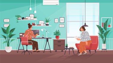 Ofis çalışanı. Vektör çizimi. Ofis çalışanları, iş hayatını beceri ve bilgileriyle ilerletmede önemli rol oynar. Şirketin başarısı, çalışanlarının birleşik çabalarıdır.