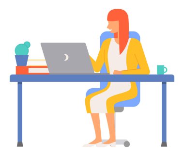 Ofis çalışanı. Vektör çizimi. Kurumsal yönetim, ofis operasyonlarının yönlendirilmesinde ve denetlenmesinde hayati rol oynar. Toplantılar, ofis çalışanlarının fikir alışverişinde bulunması ve tartışılması için platform sağlar.