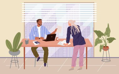 Ofis çalışanı. Vektör çizimi. Ofisteki çalışanların metaforu, işyerlerindeki bağlantıların altını çiziyor. Ofisteki insanlar, iş arkadaşlarının ortak çabalarına güveniyorlar.