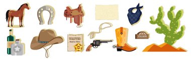 Kovboy vektör elementleri. Kovboy çizmeleri, şapka, at nalı, kaktüs ve silah. Vahşi batı sembolleri çizgi film seti. Kovboy temalı Vahşi Batı konsepti. Kovboy kız çizgi filmindeki el izole semboller çizdi. Amerikan Teksas 'ı