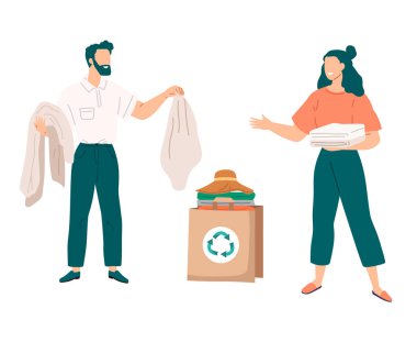Kıyafetleri geri dönüştürüyorum. Vektör çizimi. Geri dönüşüm kıyafetleri metaforu bize sürekli dönüşüm modasını hatırlatır. Ekolojik moda, çevresel ayak izi kumaşının azaltılmasına odaklanır.