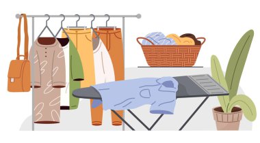 Kıyafet bakımı. Vektör çizimi. Kıyafet bakımı önemli bir yaşam becerisidir. Moda destek grupları rehberlik ve tavsiye sunar. Yardım kuruluşları ihtiyacı olanlara giysi sağlar.