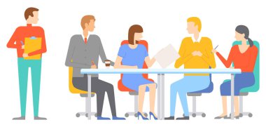 Ofis çalışanı. Vektör çizimi. Ofis çalışanları konsepti, takım çalışmasına ve işbirliğine önem vermektedir. Organize ve verimli bir şekilde çalışmak her ofis çalışanı için gereklidir.