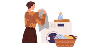 Çamaşır. Vektör çizimi. Çamaşır yıkama servisi yoğun insanlar için kolaylık sağlar. Kirli çamaşırlar yıkama yoluyla dönüştürülür. Çamaşırhane için kullanılan ev aletleridir.