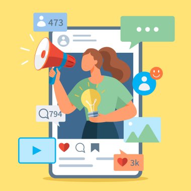 Nüfuzlu. Vektör çizimi. Marka algısının şekillendirilmesinde sosyal medya yöneticilerinin etkisi, etkili yönetim sosyal medya hesapları üzerinde önemli bir etkiye sahiptir.