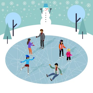 Buz pateni sahasında genç ve mutlu aile aktiviteleri. Anne baba oğul kız patenci köknar ağacı. Buz pateni pistindeki arkadaşlar yeni yıl tatilinde mutlu yıllar dilerim.