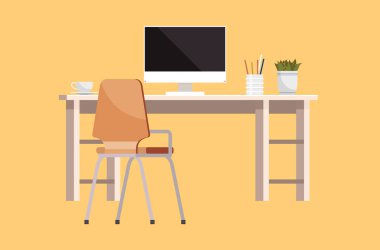 Modern boş ofis çalışma yerinin tasarımı. Ön görüş masası, sandalye, bilgisayar, ev ofisi. Ortak çalışma alanı iç mekan. Çalışanların işyeri, açık ofis. Monitör izole edilmiş çalışma tablosu